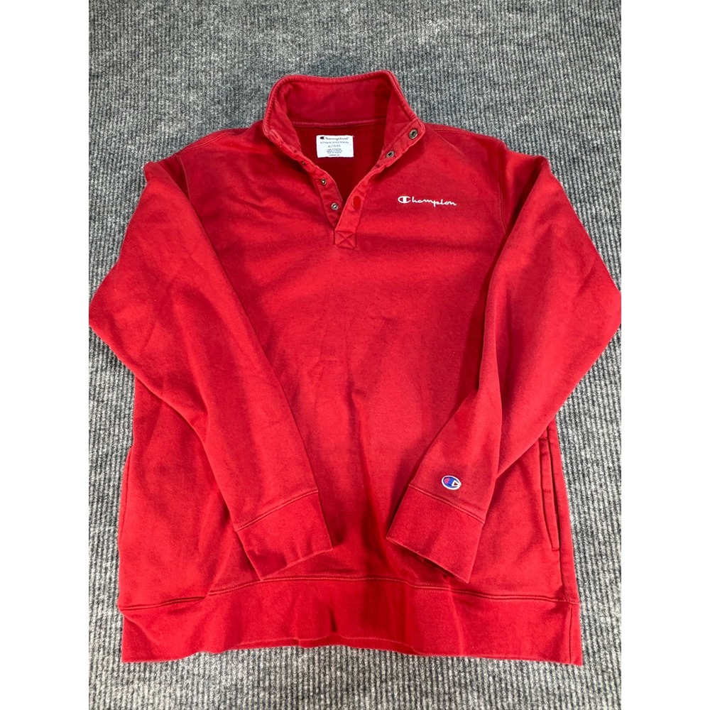 Champion Mens XL Red Quarter Snap Mock Neck Fleece Sweatshirt Pullover Pockets